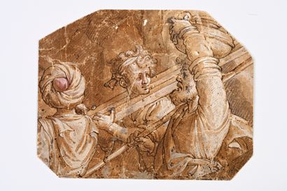 Ecole italienne du XVIème siècle Trois personnages : fragment
Plume et encre brune,...