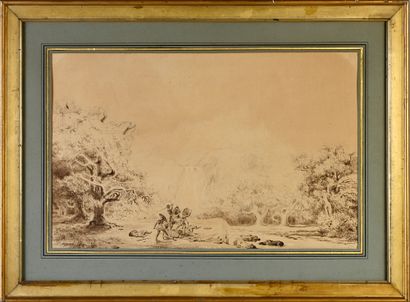 Joseph LA TOUR (Noé 1807- Toulouse 1865) The attack of a horseman in a landscape
Brown...