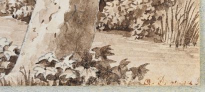 Attribué à Anton DUNKER (1746 - 1807) Undergrowth crossed by a path parallel to a...