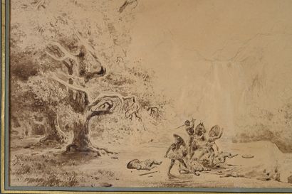 Joseph LA TOUR (Noé 1807- Toulouse 1865) L'attaque d'un cavalier dans un paysage
Lavis...