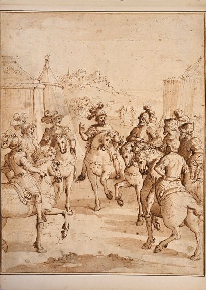 Ecole italienne du XVIème siècle L'état major à cheval
Plume et encre brune, lavis...