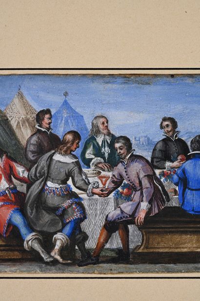 Ecole du XVIIe siècle Scène de festin dans un campement
Gouache sur vélin
7 x 18,5...