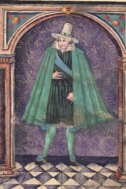 Ecole vers 1600 Gentleman in a green cape
Gouache and gold highlights 12,1 x 8,4...