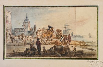 Jean-Baptiste LALLEMAND (Dijon 1716 - Paris 1803) Unloading at the Port
Pen and brown...