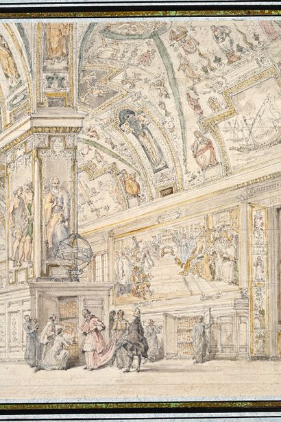 Attribué à Francesco Pannini (1745-1812) Vue animée de la bibliothèque du Vatican
Aquarelle...