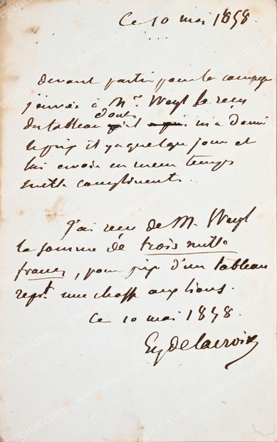 DELACROIX, Eugène (1798-1863). L.A.S. adressée à
Emmanuel Weyl « m[archan]d de tableaux...