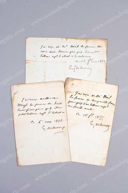DELACROIX, Eugène (1798-1863). Ensemble de 3 reçus autographes signés, adressés au...