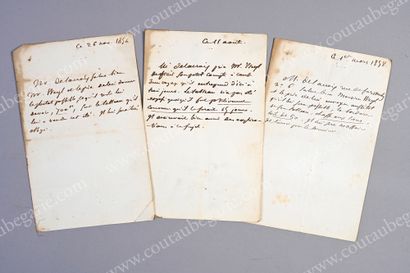DELACROIX, Eugène (1798-1863). Ensemble de 3 lettres autographes rédigées à la troisième...