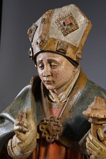 null Saint bishop in carved oak, polychromed, rough back. Standing, holding a crosier...