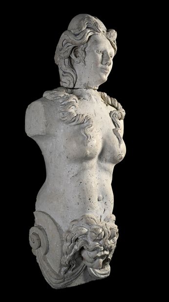 null Terme féminin en pierre calcaire sculpté avec quelques traces de dorure et de...