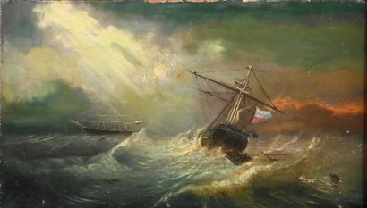 École RUSSE du XIXe siècle Rough sea
Height 36 cm - Width 65 cm
Oil on canvas, gilded...