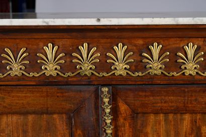 null Mahogany veneered high sideboard opening to two doors in front, decorated with...