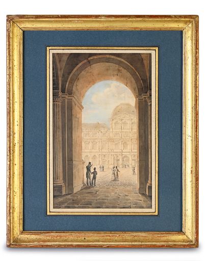 Ecole française vers 1830 Vue de la cour carrée du Louvre
Aquarelle sur papier.
Monogrammée...