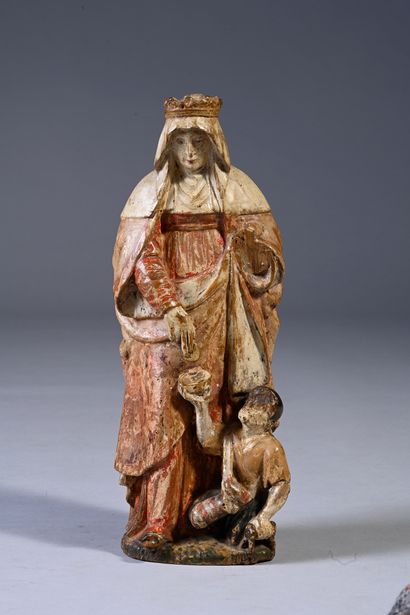 null Saint Elisabeth of Hungary (or Portugal ?) in walnut, carved in the round and...