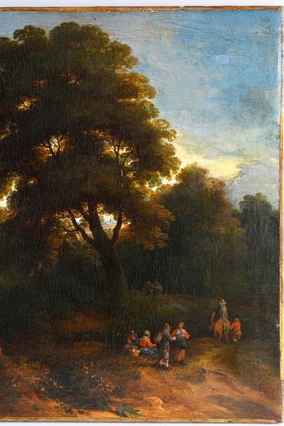 Attribué à Théobald MICHAU (1676-1765) Paysage avec paysans et troupeau au bord d'une...