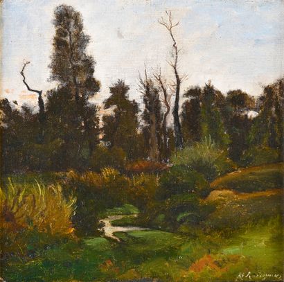 Attribué à Henri-Joseph HARPIGNIES (1819 - 1916) Paysage en forêt de Fontainebleau
Huile...
