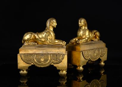 Pair of chased and gilded bronze Sphinx lights,...