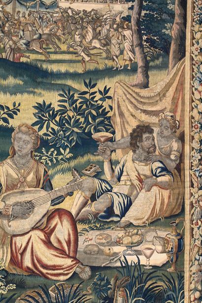 null Wool and silk tapestry decorated with a concert on the banks of a river in the...