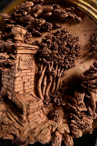 École ITALIENNE de la fin du XVIIIe siècle Paysage à la fontaine
Relief en terre...