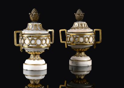 null Pair of white marble covered pots, on pedestal, decorated with friezes in application...