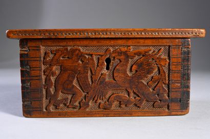 null Small wooden box with carved and xylograved bas-relief decoration representing...