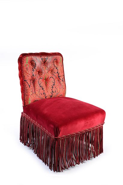 null Pair of crimson velvet armchairs, the back slightly reversed with Cashmere patterns,...