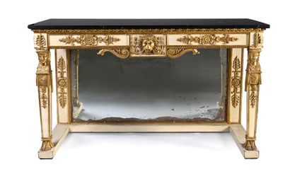 null Important pair of gilded and relacquered carved wood consoles, with a mirror...