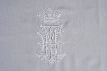 null Sheet and two pillowcases with embroidered crown of Duke and peer of France,...