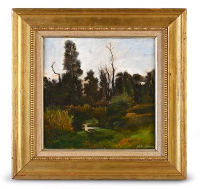 Attribué à Henri-Joseph HARPIGNIES (1819 - 1916) Landscape in the forest of Fontainebleau
Oil...