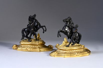 null Pair of paperweights in chiseled, patinated and gilded bonze, representing the...