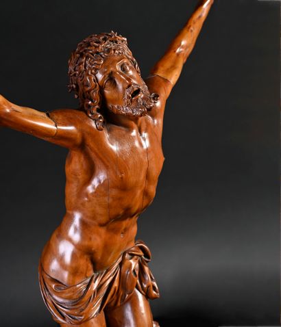 null Christ in fruitwood carved in the round. Head raised, girded with a braided...