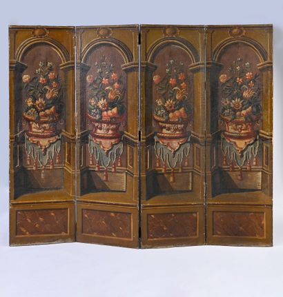 null Double-sided painted canvas screen with 4 leaves decorated with the comedy Del...