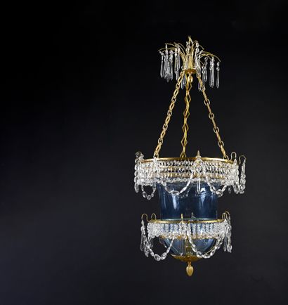 null Lantern out of blued glass decorated with two crowns, jets and garlands of nets...