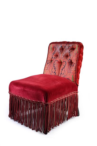 null Pair of crimson velvet armchairs, the back slightly reversed with Cashmere patterns,...
