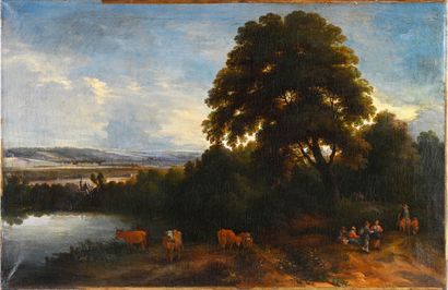 Attribué à Théobald MICHAU (1676-1765) Paysage avec paysans et troupeau au bord d'une...