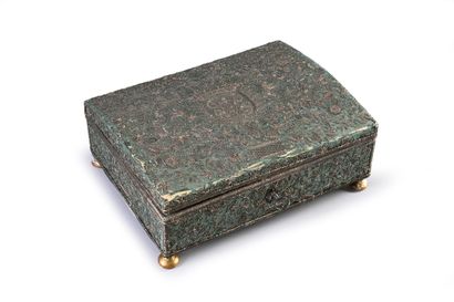 null Box on wood core sheathed in green silk embroidery; embroidery metallic thread...