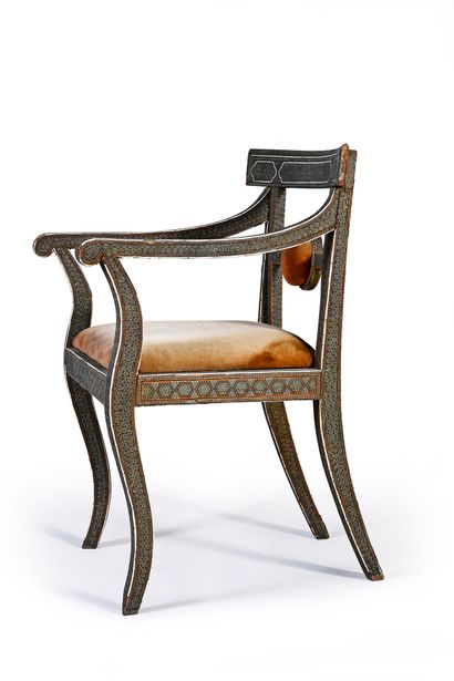 null Oriental armchair with Mogul decoration of stars and bone fillets, the openwork...