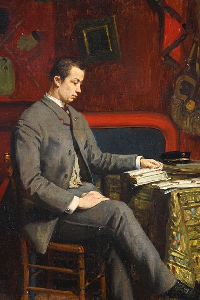 Louis BERAUD (XIX-XX) Homme à la lecture dans son intérieur.
Huile sur toile signée...
