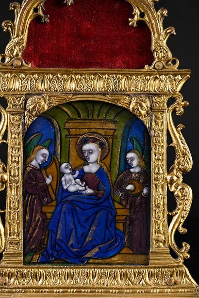 null Kiss of peace with gilt bronze frame and polychrome painted enamel plate with...