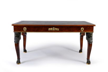 null Flat desk in mahogany and flamed mahogany veneer opening to three drawers and...