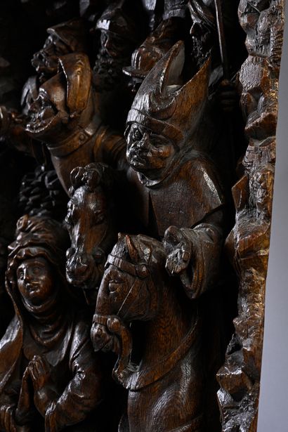 null Elément de Retable en chêne sculpté en fort relief représentant Marie aux pieds...