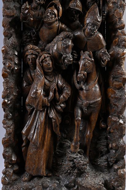 null Elément de Retable en chêne sculpté en fort relief représentant Marie aux pieds...
