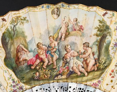 null Lovers in the four seasons, circa 1750 
Folded fan, the leaf in skin, mounted...