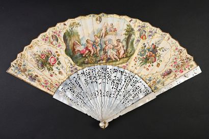 null Lovers in the four seasons, circa 1750 
Folded fan, the leaf in skin, mounted...