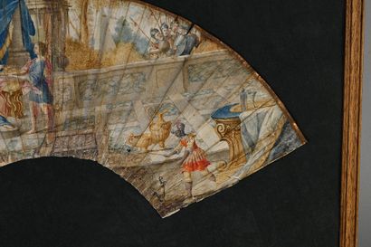 null La mort de Sophonisbe, vers 1700
Feuille d’éventail en peau peinte, pliée et...