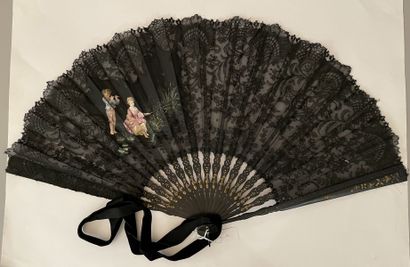 null The two children, Europe, circa 1890 
Folded fan, the black lace leaf decorated...