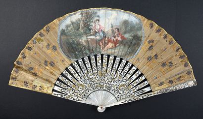 null The piper, Europe, ca. 1850 
Folded fan, the paper sheet painted on a brown...