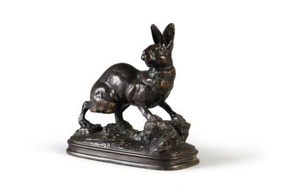 Ferdinand PAUTROT (1832 - 1874) Wild rabbit listening.
Bronze with brown patina,...