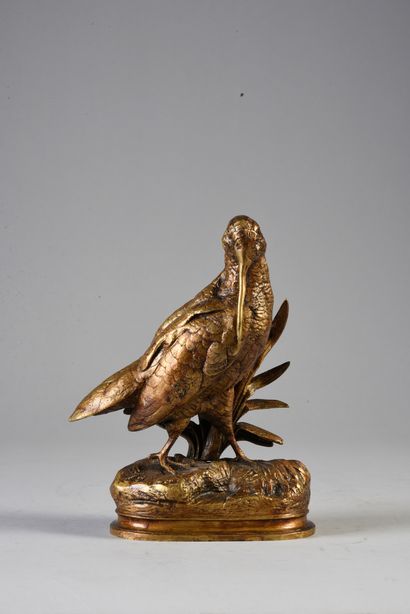 Alfred DUBUCAND (1828 - 1894) Bécasse à l'écoute.
Bronze à patine dorée, signé sur...