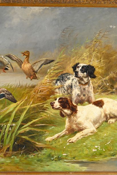 Jules et Gaston GELIBERT (1850 - 1931) Setters and green collars.
Canvas, signed...